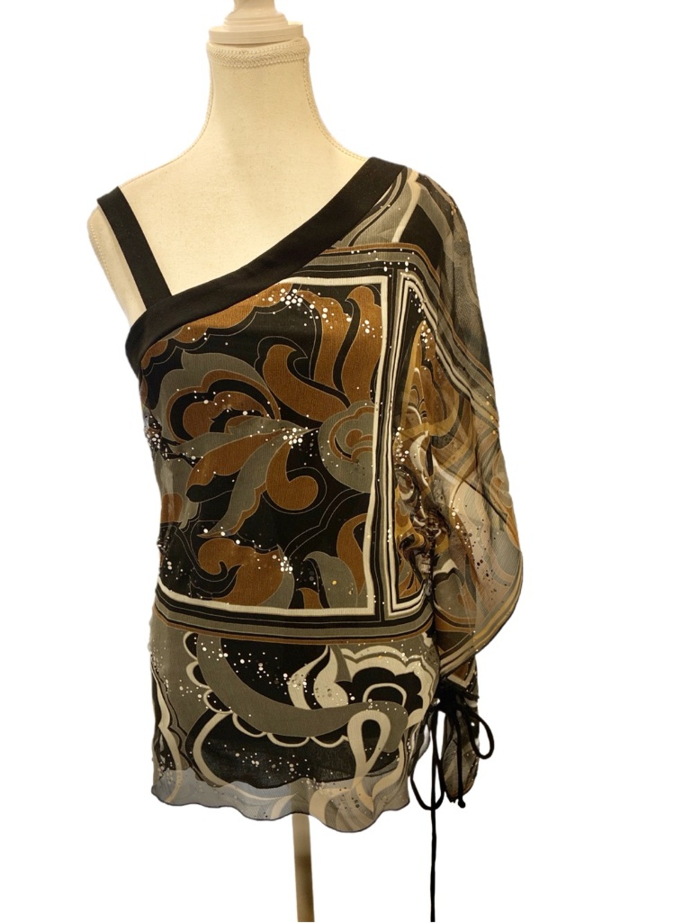 Le chateau Y2K grunge one shoulder black and brown sheer overlay top Size S